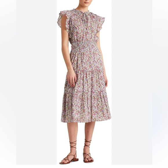 LAUREN RALPH LAUREN Micro Floral Layered Ruffled Midi Dress High Neck - Picture 1 of 11